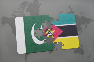 bir dünya haritası arka plan üzerinde pakistan ve mozambik ulusal bayrağı ile bulmaca.
