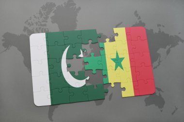 bir dünya haritası arka plan üzerinde pakistan ve senegal ulusal bayrağı ile bulmaca.