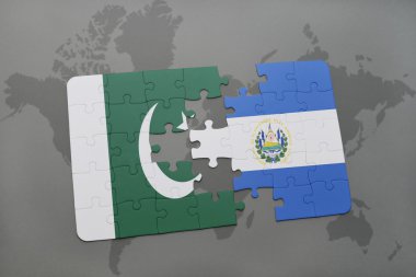 bir dünya haritası arka plan üzerinde pakistan ve el salvador ulusal bayrağı ile bulmaca.