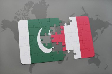 bir dünya haritası arka plan üzerinde pakistan ve peru ulusal bayrağı ile bulmaca.