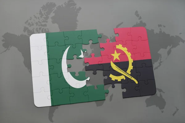 Puzzle with the national flag of pakistan and angola on a world map background. — Stock Photo, Image