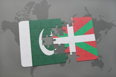 bir dünya haritası arka plan üzerinde pakistan ve bask ülkesinin ulusal bayrağı ile bulmaca.