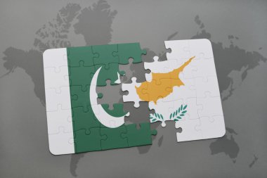 bir dünya haritası arka plan üzerinde pakistan ve Kıbrıs ulusal bayrağı ile bulmaca.