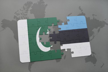 bir dünya haritası arka plan üzerinde pakistan ve estonya ulusal bayrağı ile bulmaca.