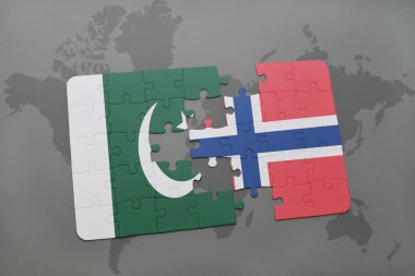 bir dünya haritası arka plan üzerinde pakistan ve norveç ulusal bayrağı ile bulmaca.