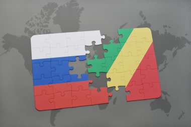 bir dünya haritası arka plan üzerinde Rusya ve Kongo Cumhuriyeti ulusal bayrağı ile bulmaca.