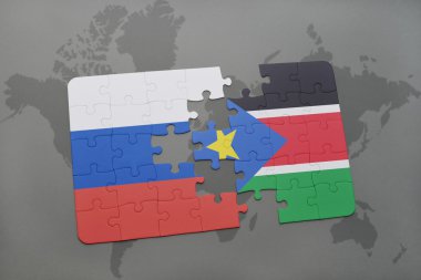 Rusya Federasyonu ve dünya harita arka plan üzerinde Güney sudan bayrağı ile bulmaca.