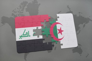 Irak ve Cezayir dünya harita arka plan üzerinde bayrağı ile bulmaca.