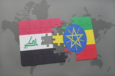 bir dünya haritası arka plan üzerinde Irak ve Etiyopya ulusal bayrağı ile bulmaca.