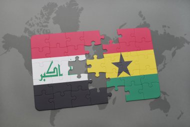 bir dünya haritası arka plan üzerinde Irak ve Gana ulusal bayrağı ile bulmaca.