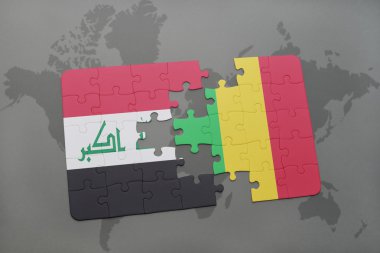 bir dünya haritası arka plan üzerinde Irak ve Mali ulusal bayrağı ile bulmaca.