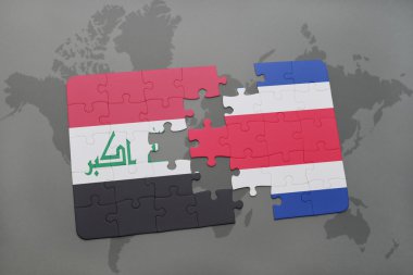 bir dünya haritası arka plan üzerinde Irak ve Kosta Rika ulusal bayrağı ile bulmaca.