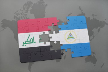 bir dünya haritası arka plan üzerinde Irak ve Nikaragua ulusal bayrağı ile bulmaca.