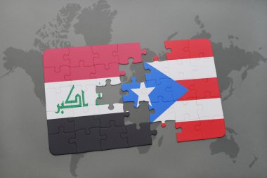 bir dünya haritası arka plan üzerinde Irak ve Porto Riko ulusal bayrağı ile bulmaca.