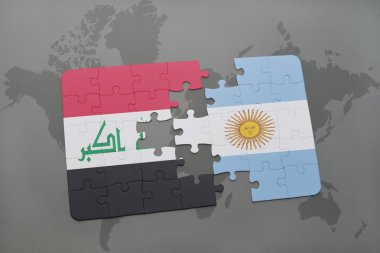 bir dünya haritası arka plan üzerinde Irak ve Arjantin ulusal bayrağı ile bulmaca.
