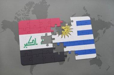 bir dünya haritası arka plan üzerinde Irak ve Uruguay ulusal bayrağı ile bulmaca.