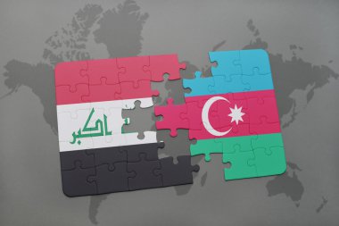 bir dünya haritası arka plan üzerinde Irak ve Azerbaycan ulusal bayrağı ile bulmaca.