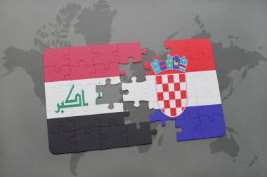 bir dünya haritası arka plan üzerinde Irak ve Hırvatistan ulusal bayrağı ile bulmaca.
