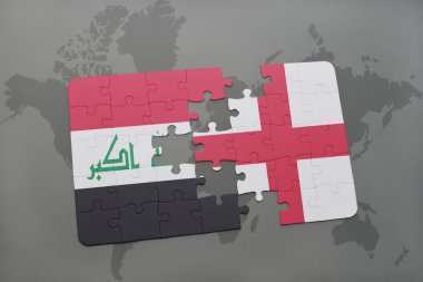 bir dünya haritası arka plan üzerinde Irak ve İngiltere ulusal bayrağı ile bulmaca.