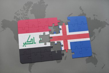 bir dünya haritası arka plan üzerinde Irak ve İzlanda ulusal bayrağı ile bulmaca.