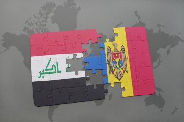 bir dünya haritası arka plan üzerinde Irak ve Moldova ulusal bayrağı ile bulmaca.