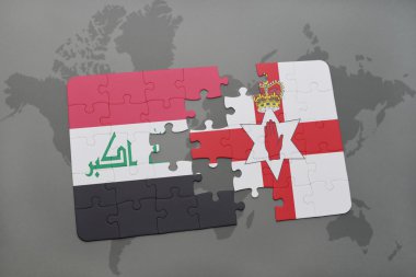 bir dünya haritası arka plan üzerinde Irak ve Kuzey İrlanda ulusal bayrağı ile bulmaca.