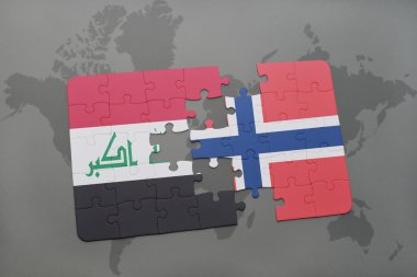bir dünya haritası arka plan üzerinde Irak ve Norveç ulusal bayrağı ile bulmaca.