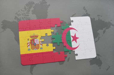 bir dünya haritası arka plan üzerinde İspanya ve Cezayir ulusal bayrağı ile bulmaca.
