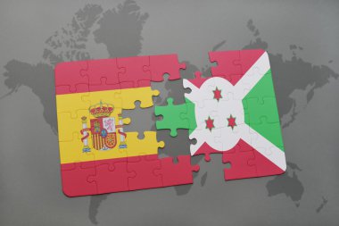 bir dünya haritası arka plan üzerinde İspanya ve Burundi ulusal bayrağı ile bulmaca.