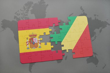 bir dünya haritası arka plan üzerinde İspanya ve Kongo Cumhuriyeti ulusal bayrağı ile bulmaca.