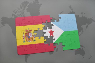 bir dünya haritası arka plan üzerinde İspanya ve cibuti ulusal bayrağı ile bulmaca.