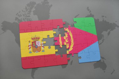 bir dünya haritası arka plan üzerinde İspanya ve Eritre ulusal bayrağı ile bulmaca.