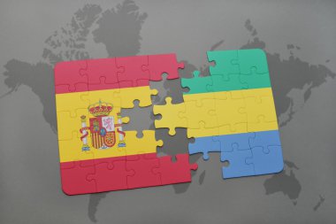 bir dünya haritası arka plan üzerinde İspanya ve gabon ulusal bayrağı ile bulmaca.