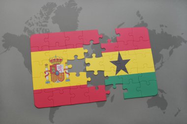 bir dünya haritası arka plan üzerinde İspanya ve Gana ulusal bayrağı ile bulmaca.