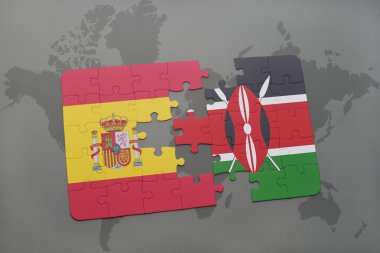 bir dünya haritası arka plan üzerinde İspanya ve Kenya ulusal bayrağı ile bulmaca.