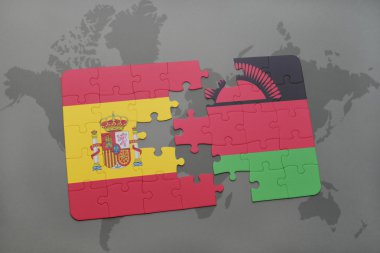 bir dünya haritası arka plan üzerinde İspanya ve malavi ulusal bayrağı ile bulmaca.