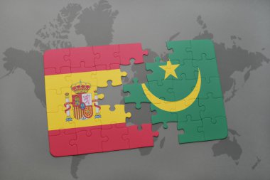 bir dünya haritası arka plan üzerinde İspanya ve Moritanya ulusal bayrağı ile bulmaca.