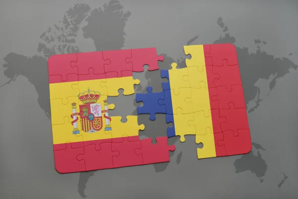 Puzzle z flagą Hiszpanii i Czadu na tle mapy świata. — Zdjęcie stockowe