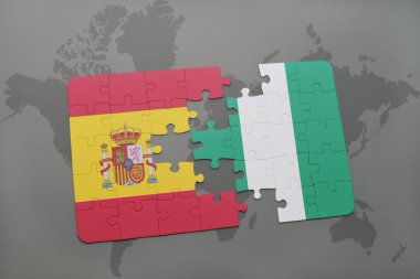 bir dünya haritası arka plan üzerinde İspanya ve Nijerya ulusal bayrağı ile bulmaca.