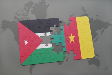 bir dünya haritası arka plan üzerinde ürdün ve Kamerun ulusal bayrağı ile bulmaca.