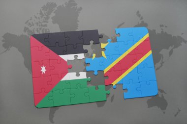bir dünya haritası arka plan üzerinde ürdün ve Kongo Demokratik Cumhuriyeti ulusal bayrağı ile bulmaca.