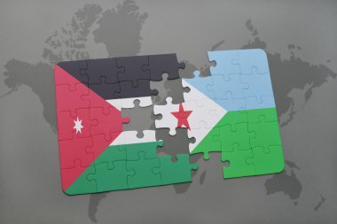 bir dünya haritası arka plan üzerinde ürdün ve cibuti ulusal bayrağı ile bulmaca.