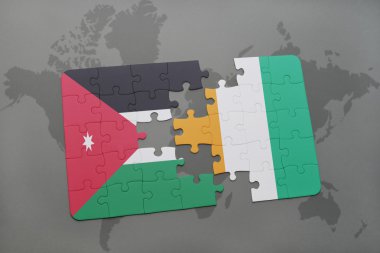 bir dünya haritası arka plan üzerinde ürdün ve cote divoire ulusal bayrağı ile bulmaca.