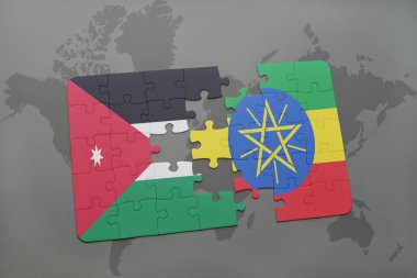 bir dünya haritası arka plan üzerinde ürdün ve Etiyopya ulusal bayrağı ile bulmaca.