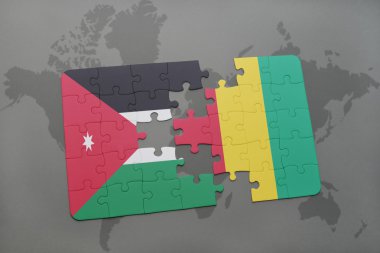 bir dünya haritası arka plan üzerinde ürdün ve gine ulusal bayrağı ile bulmaca.