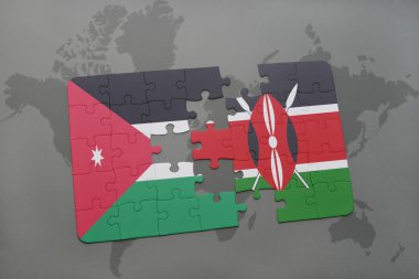bir dünya haritası arka plan üzerinde ürdün ve kenya ulusal bayrağı ile bulmaca.