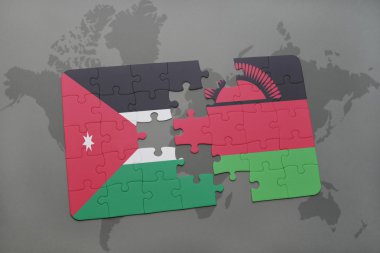 bir dünya haritası arka plan üzerinde ürdün ve malavi ulusal bayrağı ile bulmaca.