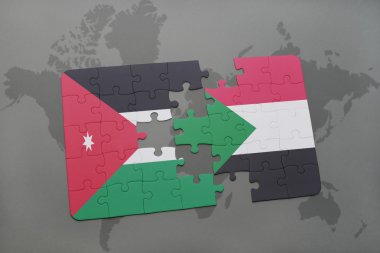 bir dünya haritası arka plan üzerinde ürdün ve sudan ulusal bayrağı ile bulmaca.