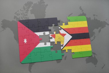 bir dünya haritası arka plan üzerinde ürdün ve zimbabve ulusal bayrağı ile bulmaca.