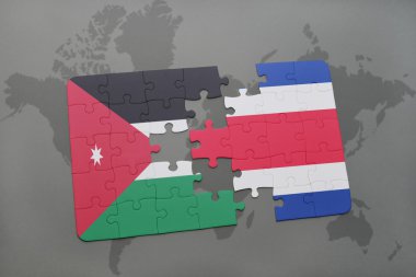 bir dünya haritası arka plan üzerinde ürdün ve kosta Rika ulusal bayrağı ile bulmaca.